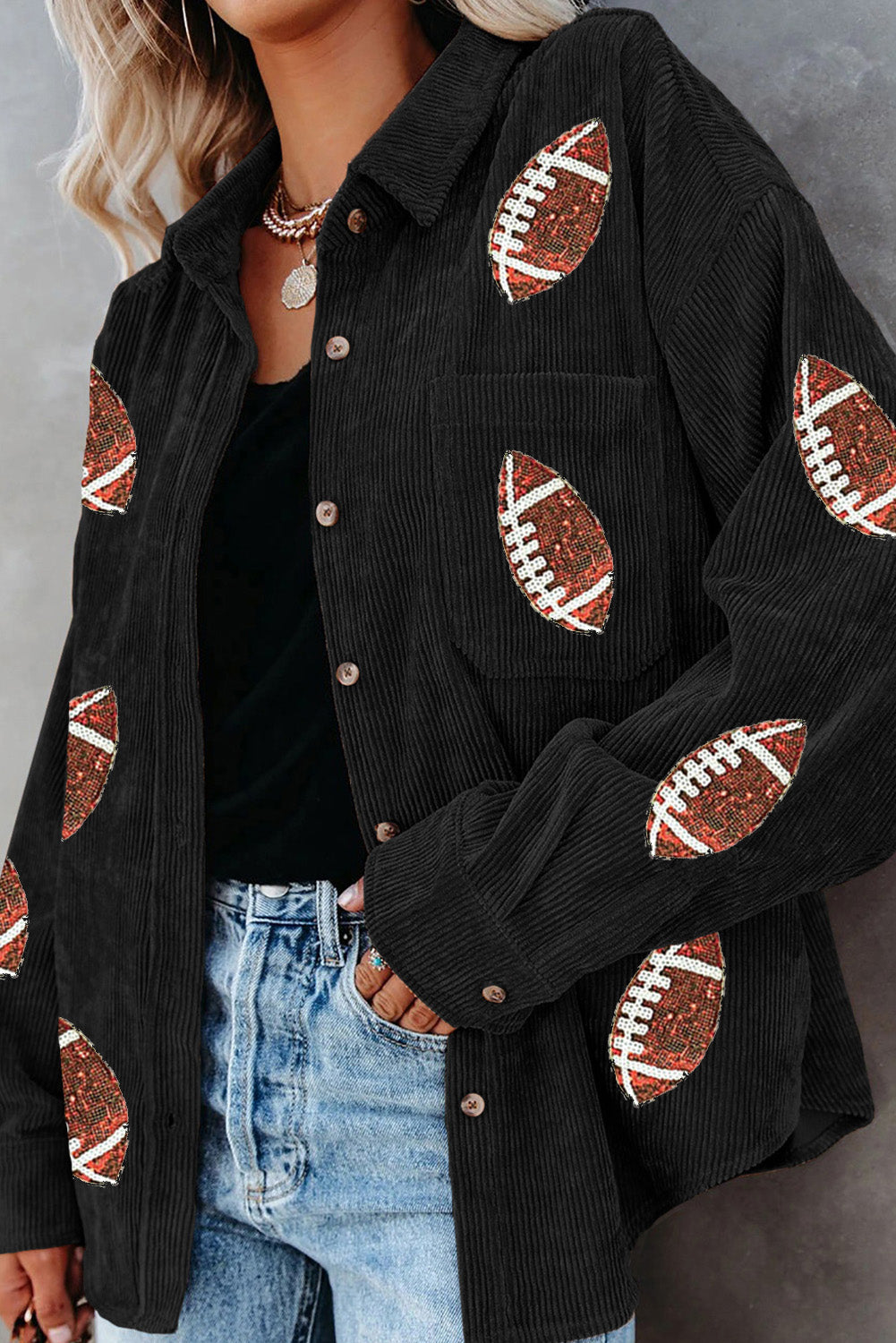 Black Sequin Rugby Pattern Buttoned Corduroy Shacket Black 100%Polyester Jackets JT's Designer Fashion