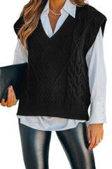 Black V-Neck Twist Knitted Vest Sweater Sweaters & Cardigans JT's Designer Fashion