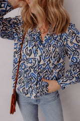 Blue Bohemian Print Embroidered V Neckline Detail Long Sleeve Shirt Blouses & Shirts JT's Designer Fashion