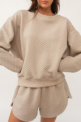 Parchment Solid Color Quilted Long Sleeve Top and Shorts Set Parchment 97%Polyester+3%Elastane Short Sets JT's Designer Fashion