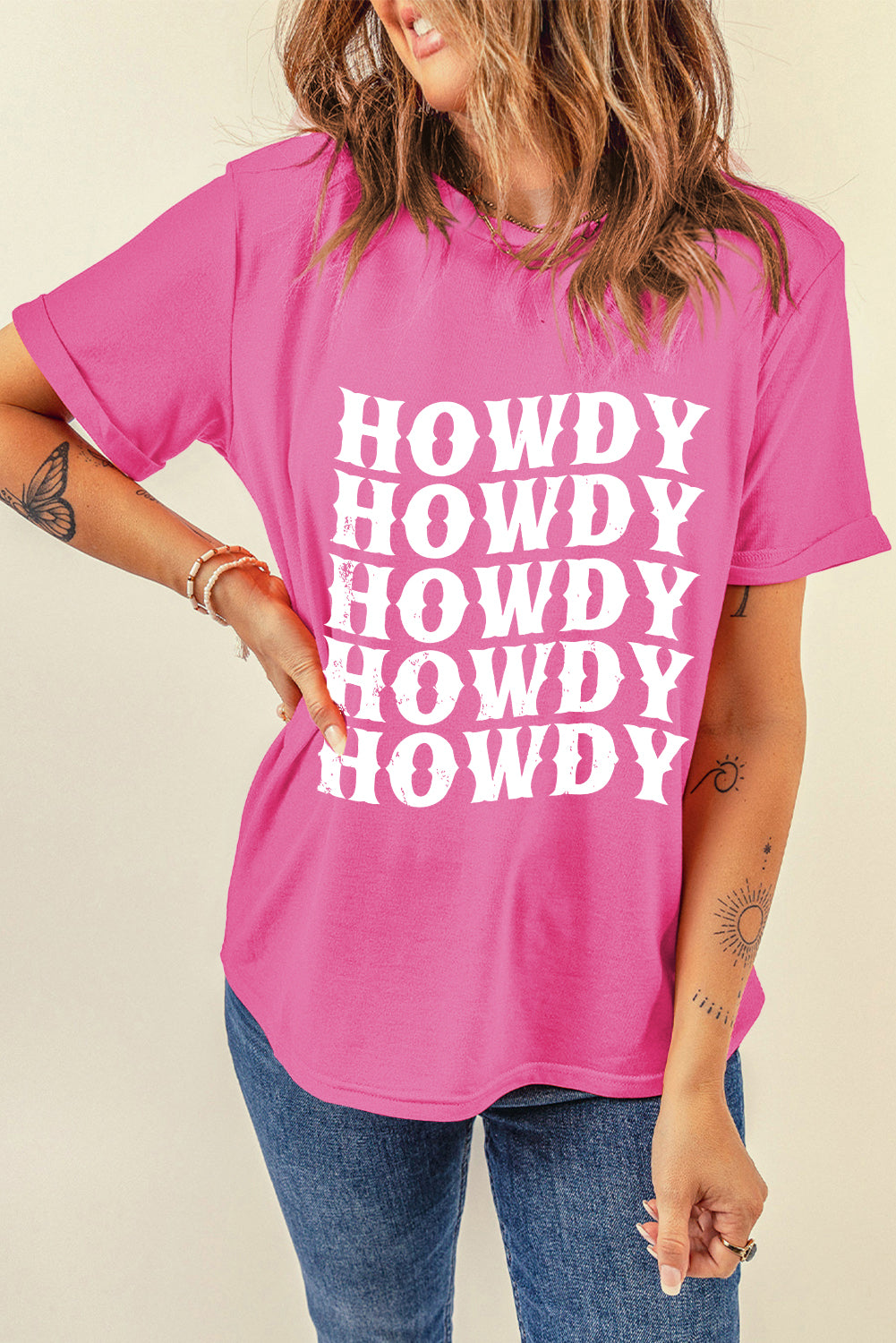 Sachet Pink HOWDY Graphic Western Crew Neck Tee Graphic Tees JT's Designer Fashion