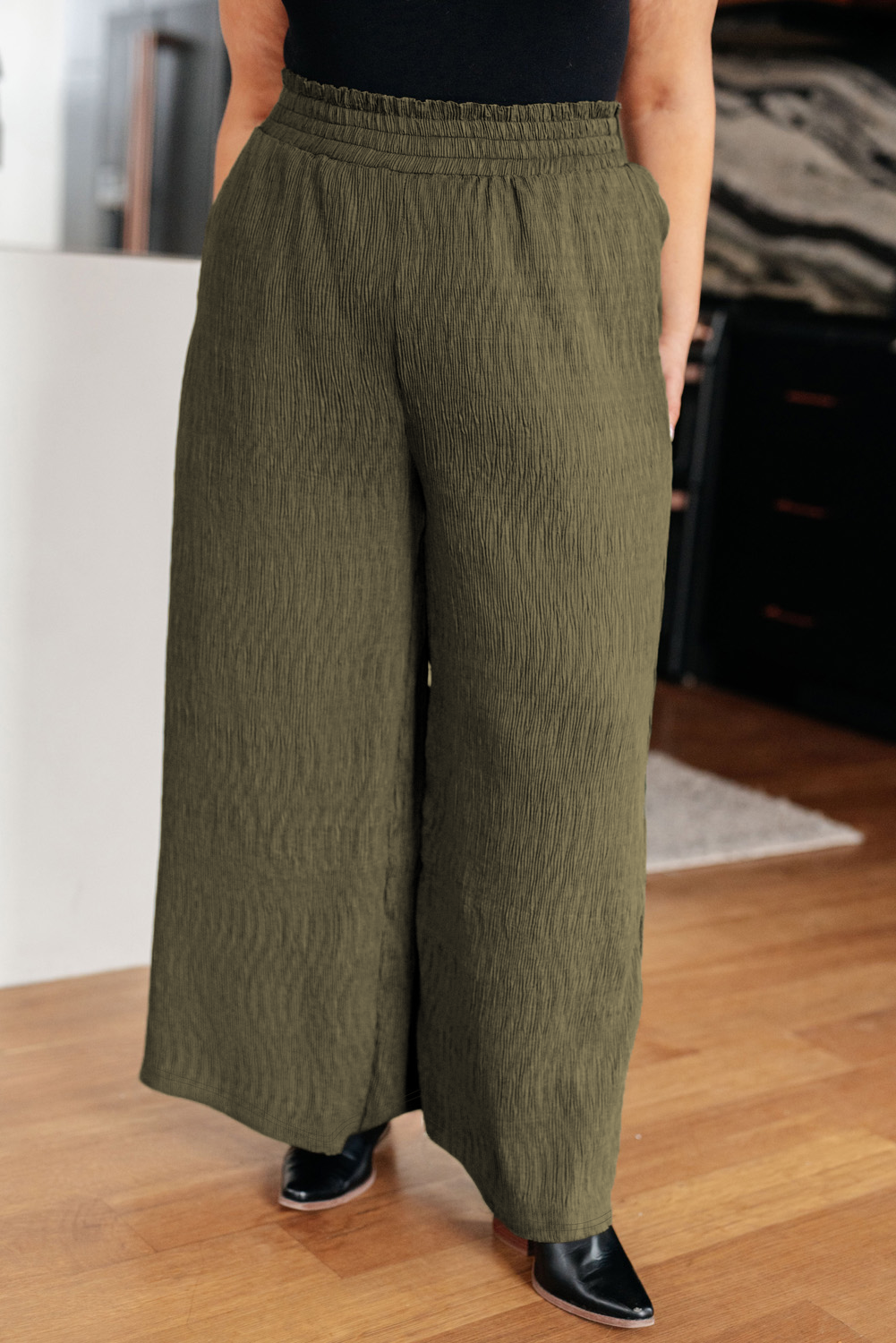 Jungle Green Plus Size Textured Shirred High Waist Casual Pants Plus Size Bottoms JT's Designer Fashion