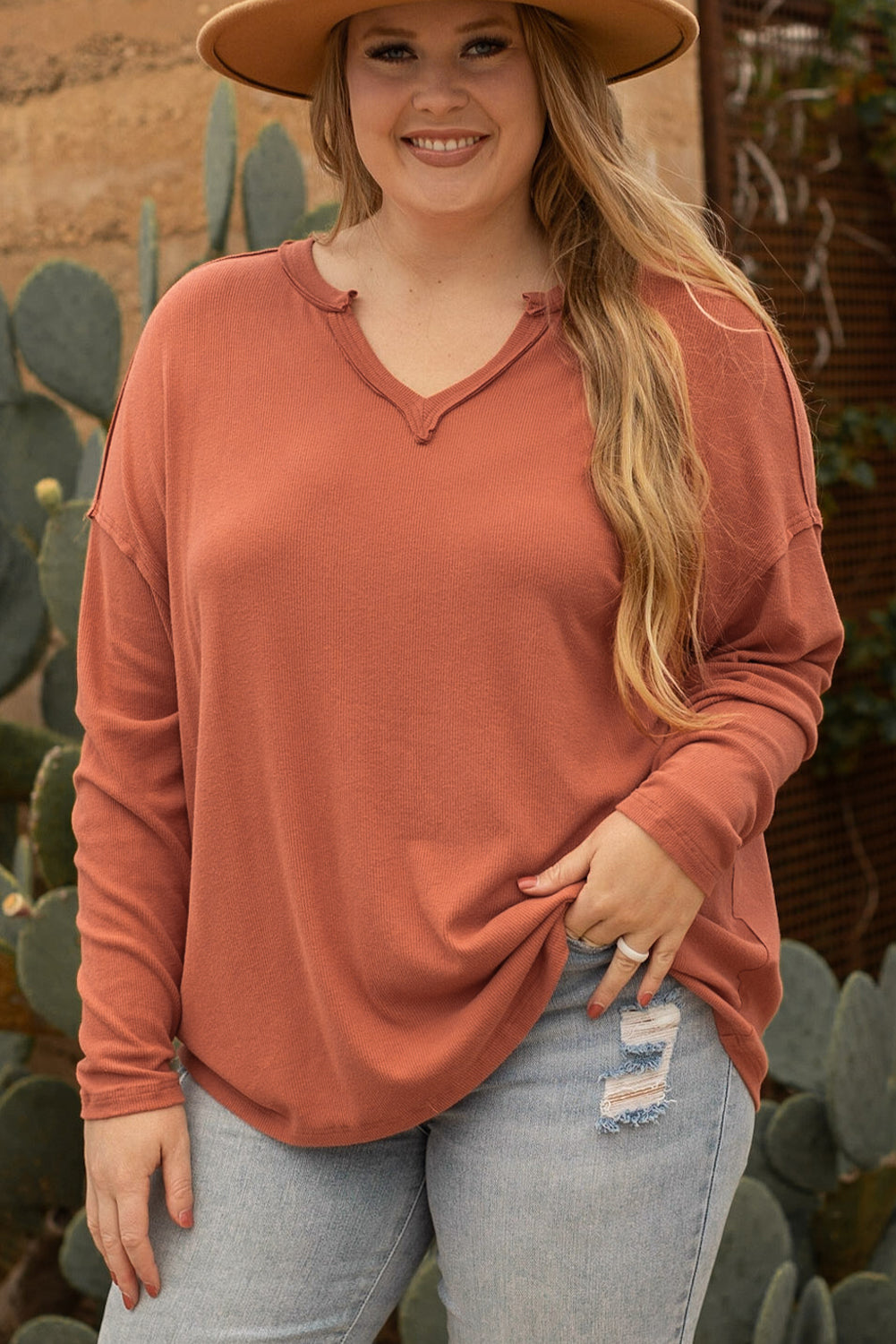 Gold Flame Exposed Seam V Neck Long Sleeve Plus Size Top Gold Flame Knit Plus Size JT's Designer Fashion