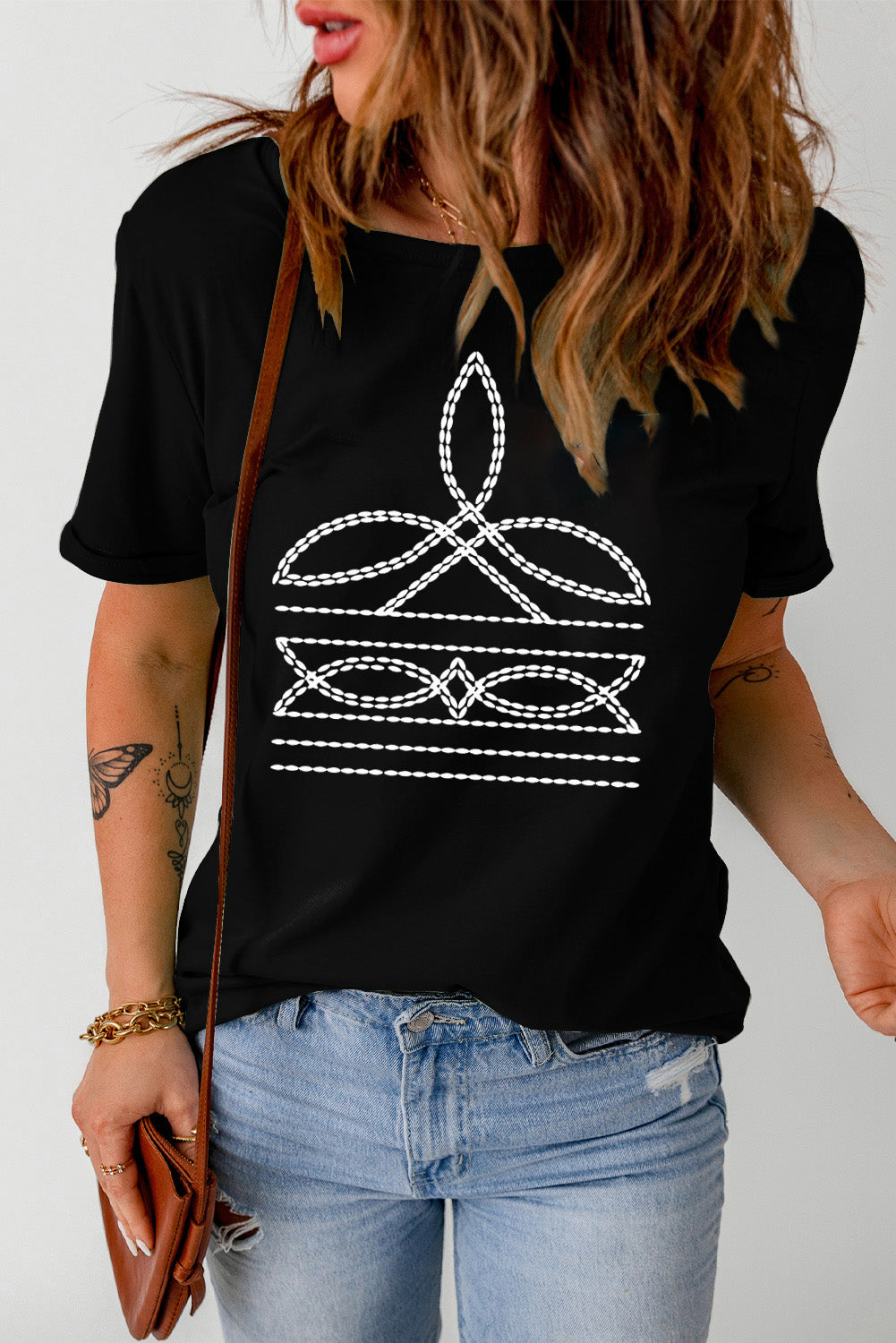 Black Western Pattern Print Slim Fit Crew Neck T Shirt Graphic Tees JT's Designer Fashion