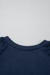 Navy Blue Contrast Lace Raglan Sleeve Pleated Detail Shift Dress T Shirt Dresses JT's Designer Fashion