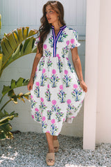 White Floral Puff Short Sleeve V Neck High Waist Maxi Dress Floral Dresses JT's Designer Fashion