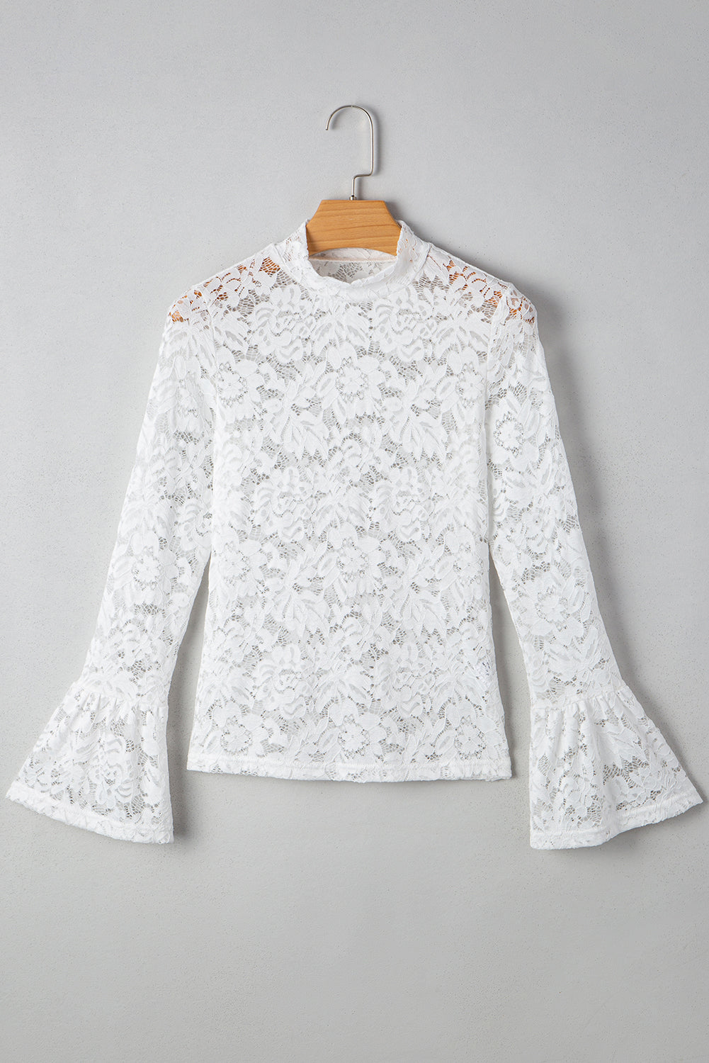White Lace Crochet Bell Sleeve Mock Neck Blouse Blouses & Shirts JT's Designer Fashion