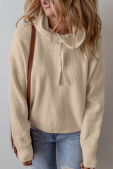 Beige Solid Color Drawstring Hooded Drop Shoulder Pullover Sweater Beige 96%Acrylic+4%Polyamide Sweaters JT's Designer Fashion
