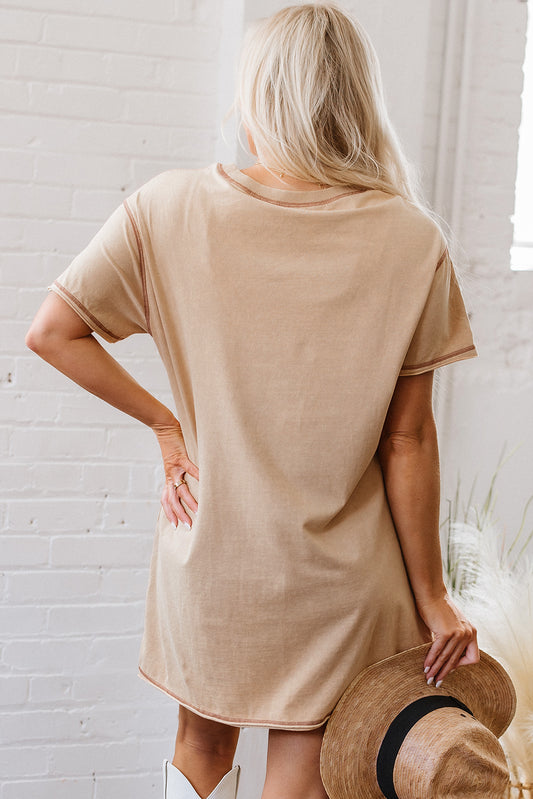 Pale Khaki Mineral Wash Stud Beaded Star Graphic Pocketed T Shirt Dress T Shirt Dresses JT's Designer Fashion