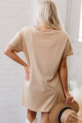Pale Khaki Mineral Wash Stud Beaded Star Graphic Pocketed T Shirt Dress T Shirt Dresses JT's Designer Fashion