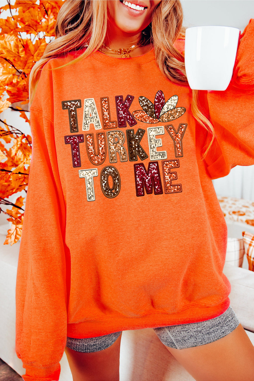 Orange TALK TURKEY TO ME Graphic Thanksgiving Holiday Sweatshirt Orange 50%Polyester+50%Cotton Graphic Sweatshirts JT's Designer Fashion