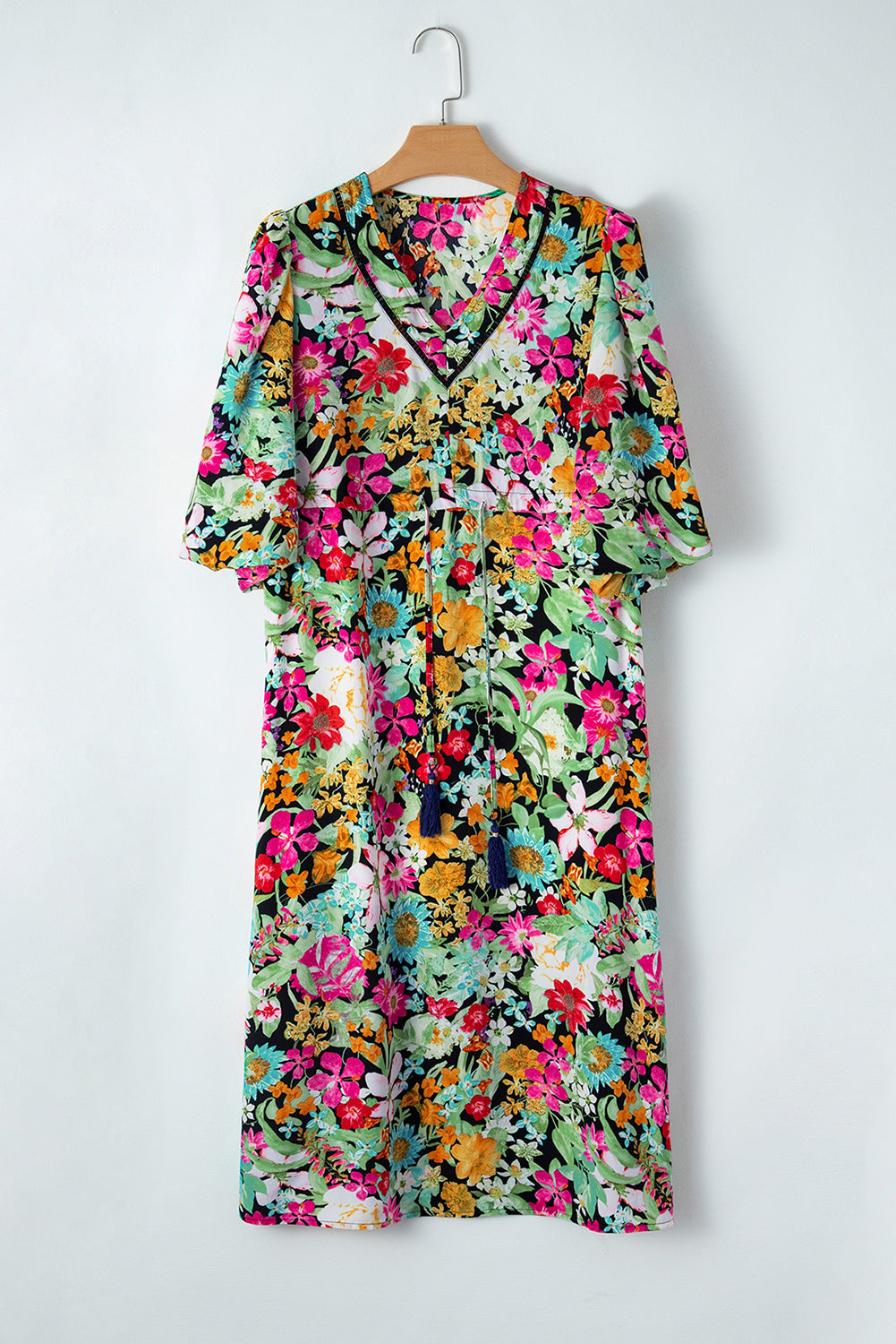 Green Floral Puff Sleeve V Neck Tassel Drawstring Dress Floral Dresses JT's Designer Fashion
