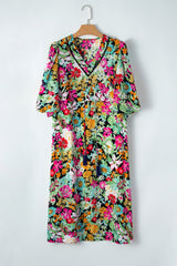 Green Floral Puff Sleeve V Neck Tassel Drawstring Dress Floral Dresses JT's Designer Fashion