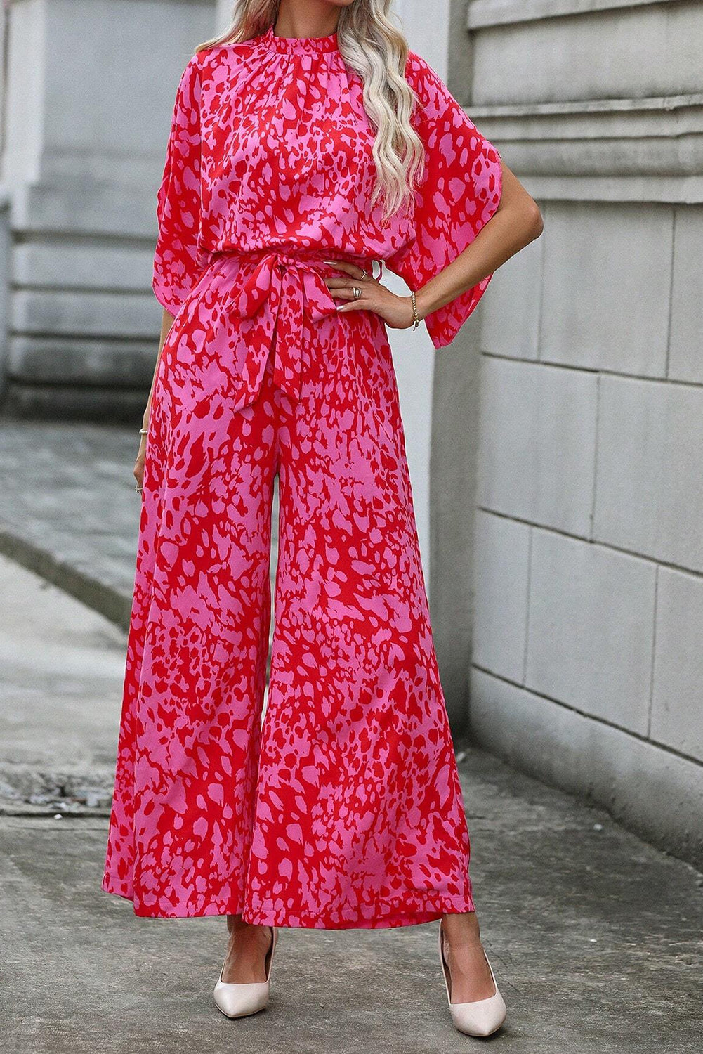 Rose Leopard Loose Sleeve Belted Wide Leg Jumpsuit Bottoms JT's Designer Fashion