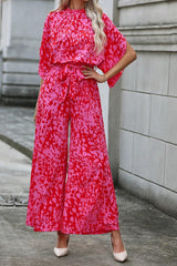 Rose Leopard Loose Sleeve Belted Wide Leg Jumpsuit Bottoms JT's Designer Fashion