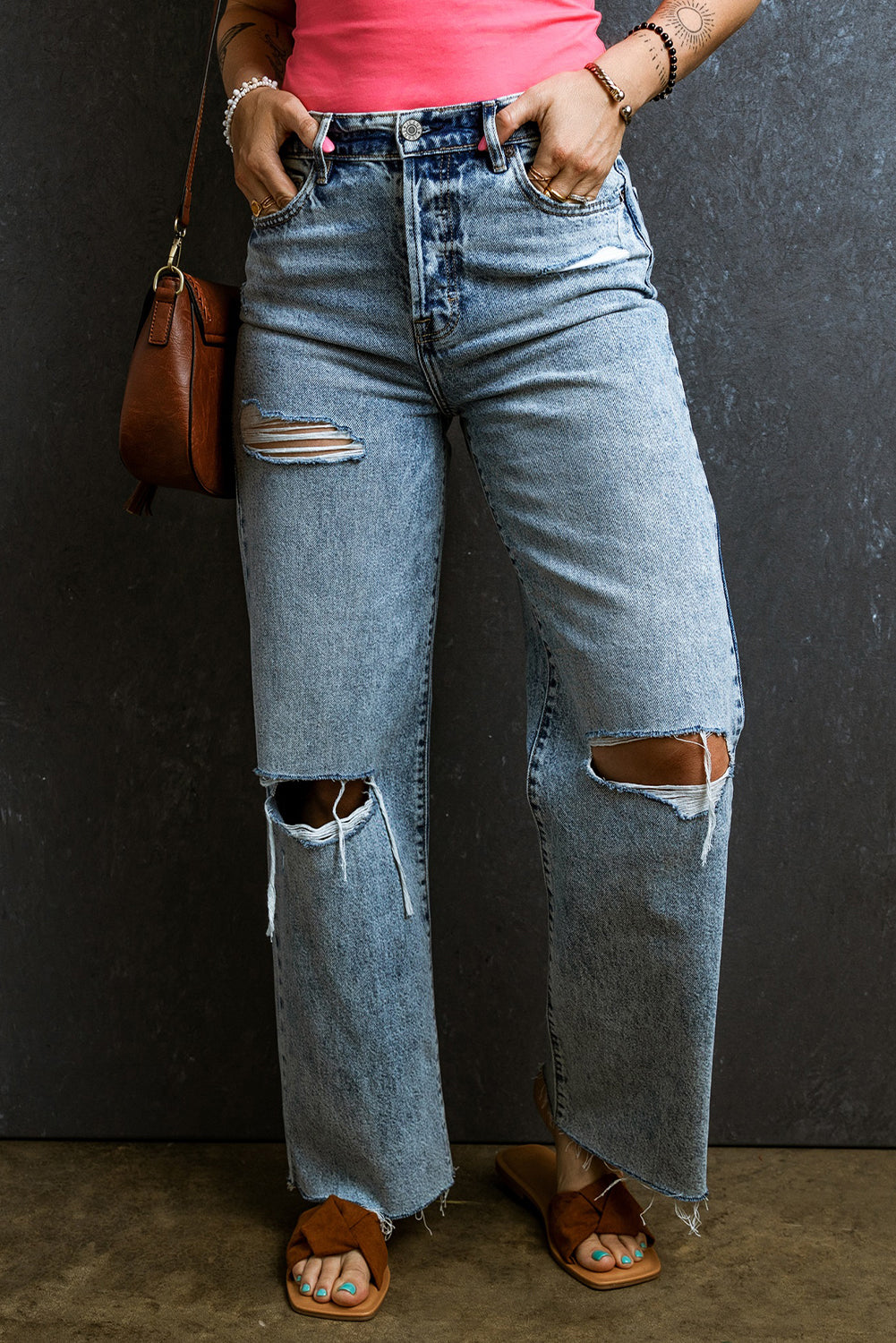 Light Blue Distressed Ripped Raw Hem Straight Jeans Light Blue 71%Cotton+27.5%Polyester+1.5%Elastane Jeans JT's Designer Fashion