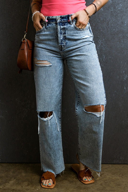 Light Blue Distressed Ripped Raw Hem Straight Jeans Light Blue 71%Cotton+27.5%Polyester+1.5%Elastane Jeans JT's Designer Fashion