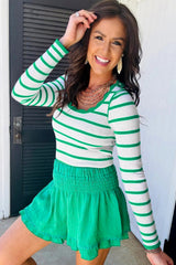 Bright Green Scalloped Trim U Neck Striped Ribbed Slim Sweater Sweaters JT's Designer Fashion