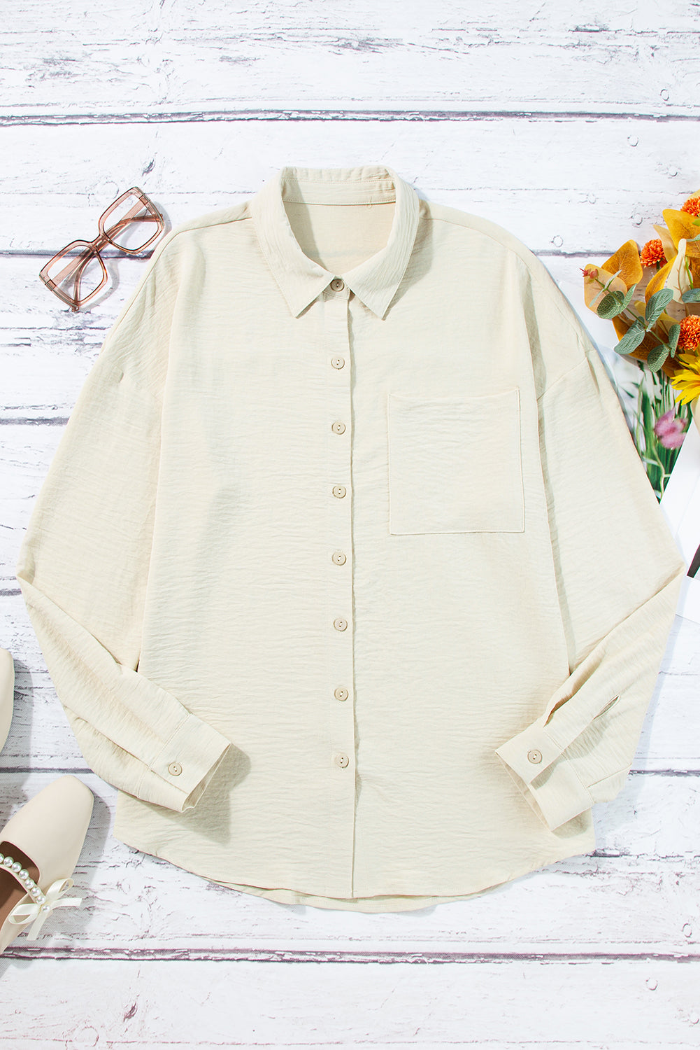 Beige Pure Color Patch Pocket Shirt Blouses & Shirts JT's Designer Fashion