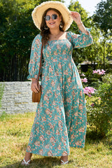 Green Plus Size Floral Print Square Neck Smocked Maxi Dress Plus Size Maxi Dresses JT's Designer Fashion
