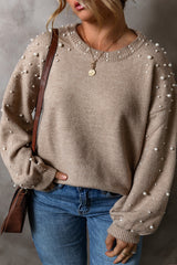 Smoke Gray Pearled Drop Shoulder Plus Size Sweater Plus Size Sweaters & Cardigans JT's Designer Fashion