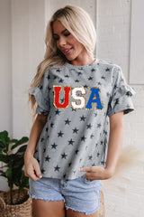 Gray USA Letter Patched Star Printed Ruffle Trim Sleeves Loose Tee Graphic Tees JT's Designer Fashion