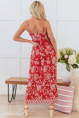 Red Floral Printed Spaghetti Strap Empire Waist Maxi Dress Floral Dresses JT's Designer Fashion