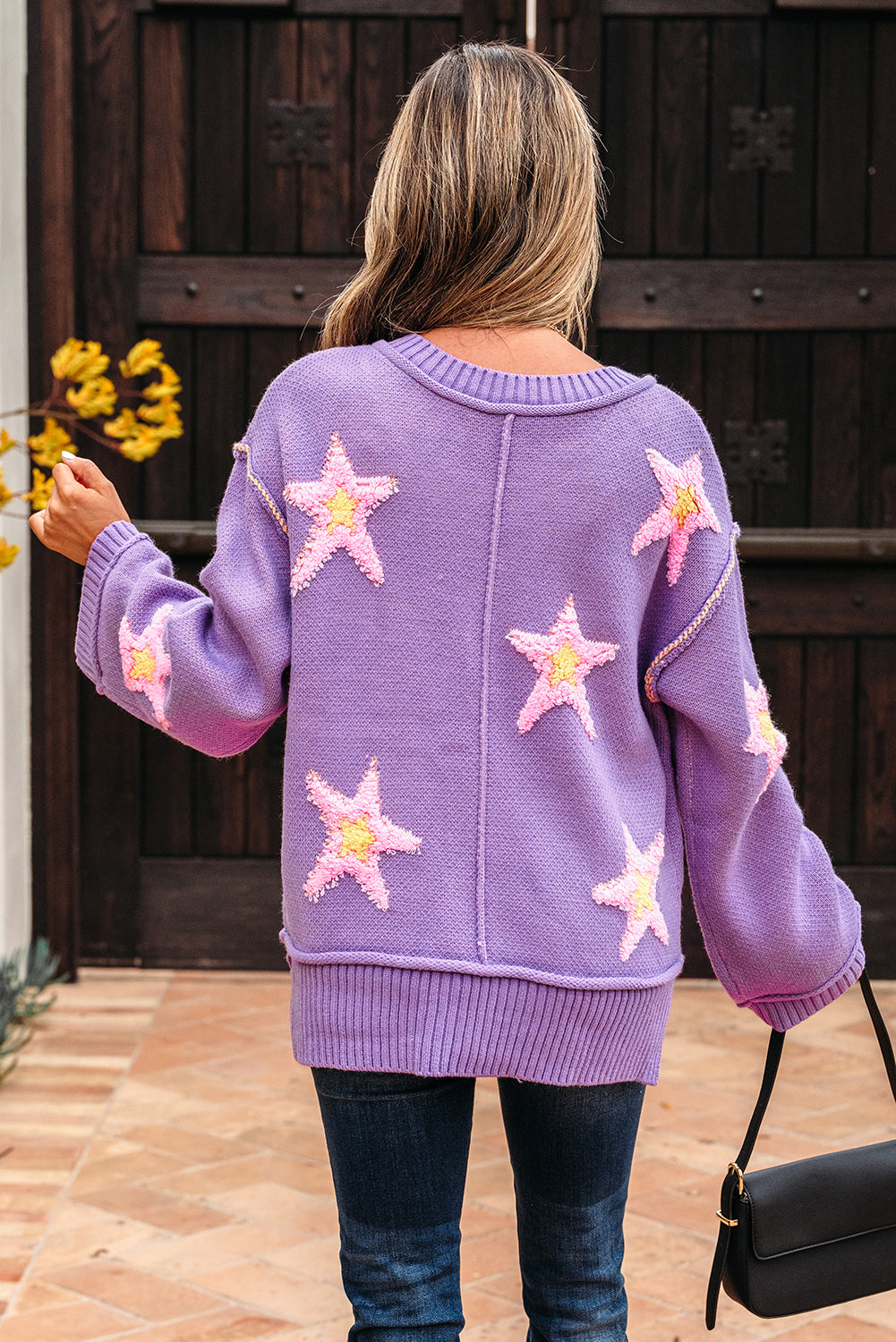 Lavendula Brushed Star Graphic V Neck Drop Shoulder Oversize Sweater Sweaters JT's Designer Fashion
