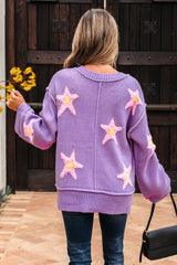 Lavendula Brushed Star Graphic V Neck Drop Shoulder Oversize Sweater Sweaters JT's Designer Fashion