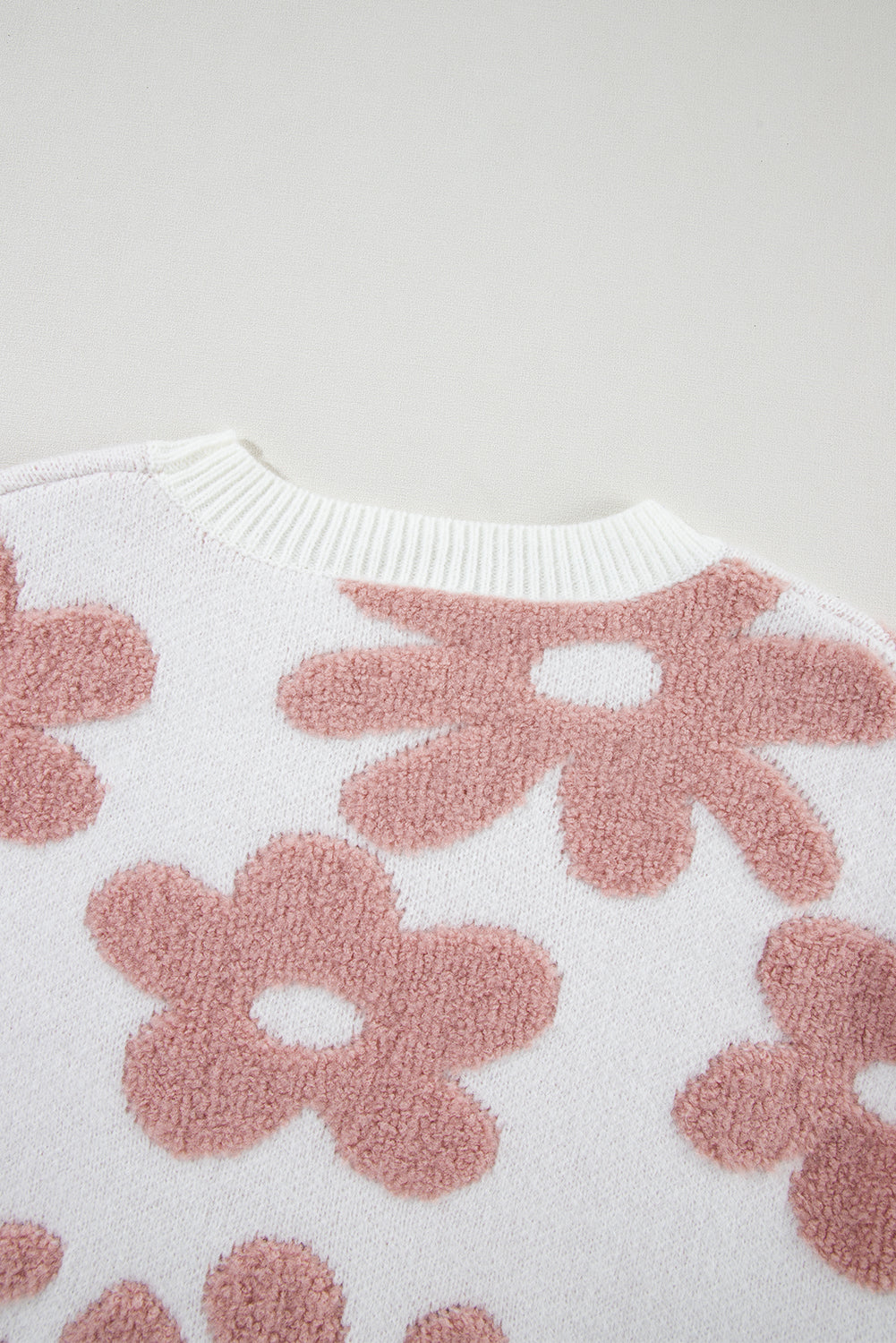 White Textured Flower Drop Shoulder Loose Sweater Sweaters JT's Designer Fashion