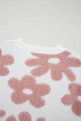 White Textured Flower Drop Shoulder Loose Sweater Sweaters JT's Designer Fashion
