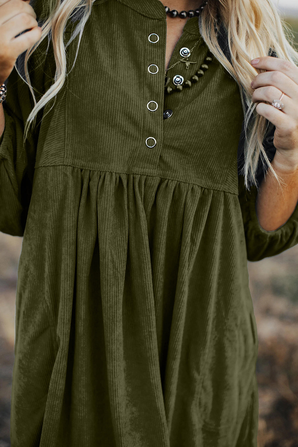 Vineyard Green Corduroy Snap Buttons Empire Waist Bracelet Sleeve Dress Mini Dresses JT's Designer Fashion