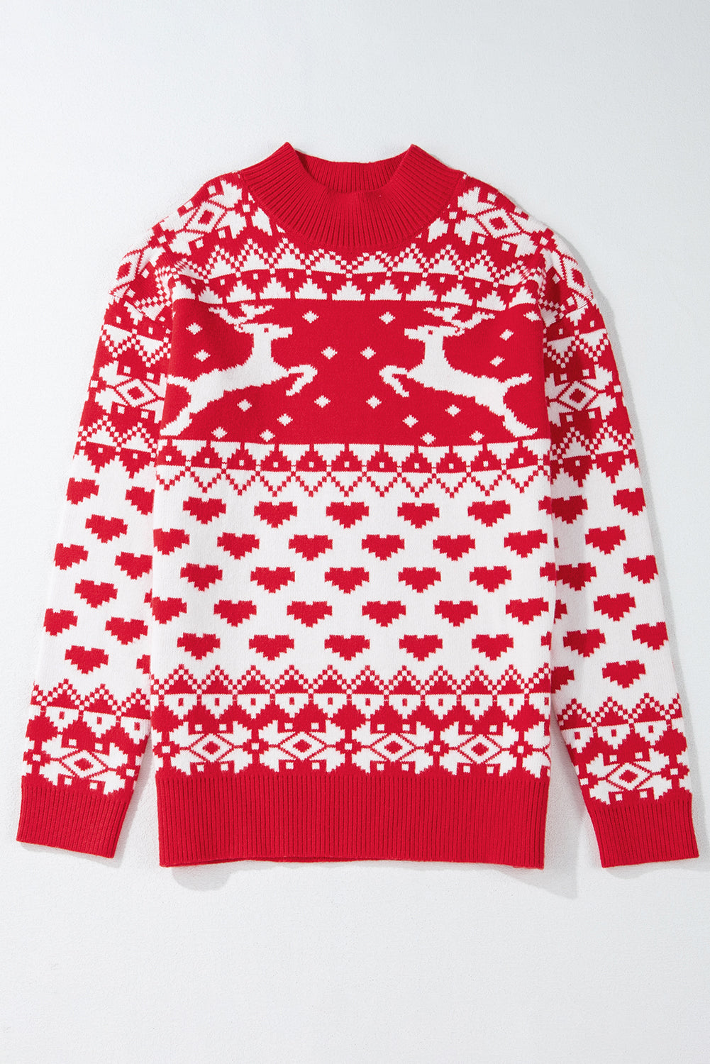 Fiery Red Merry Christmas Reindeer Heart Pattern High Neck Sweater Sweaters JT's Designer Fashion