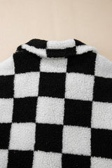 Black Checkered Side Pockets Collared Buttoned Fleece Jacket Jackets JT's Designer Fashion