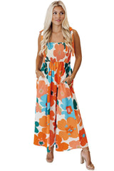 Orange Floral Self Tied Straps Smocked Bust Maxi Dress Floral Dresses JT's Designer Fashion