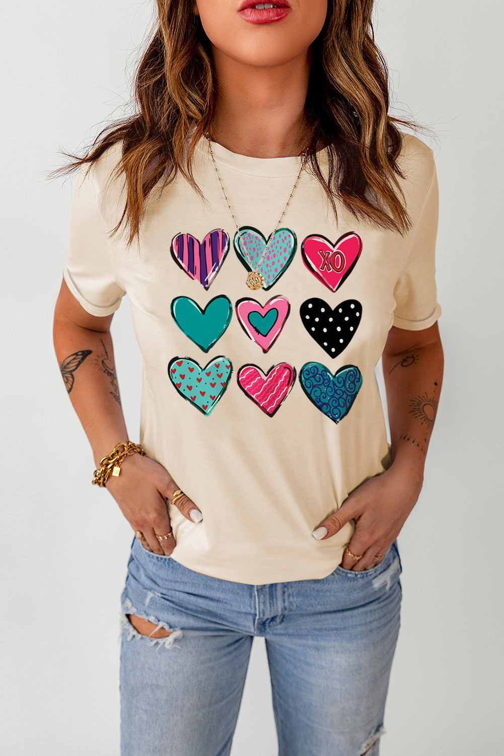 Khaki Valentines Multi Pattern Heart Shape Graphic T Shirt Graphic Tees JT's Designer Fashion