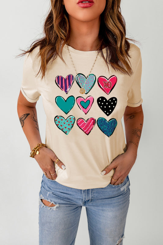 Khaki Valentines Multi Pattern Heart Shape Graphic T Shirt Graphic Tees JT's Designer Fashion