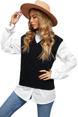 Black V-Neck Twist Knitted Vest Sweater Sweaters & Cardigans JT's Designer Fashion