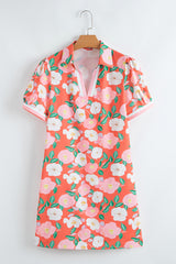 Fresh Salmon Floral Print Contrast Striped Trim Polo Collar T Shirt Dress Floral Dresses JT's Designer Fashion