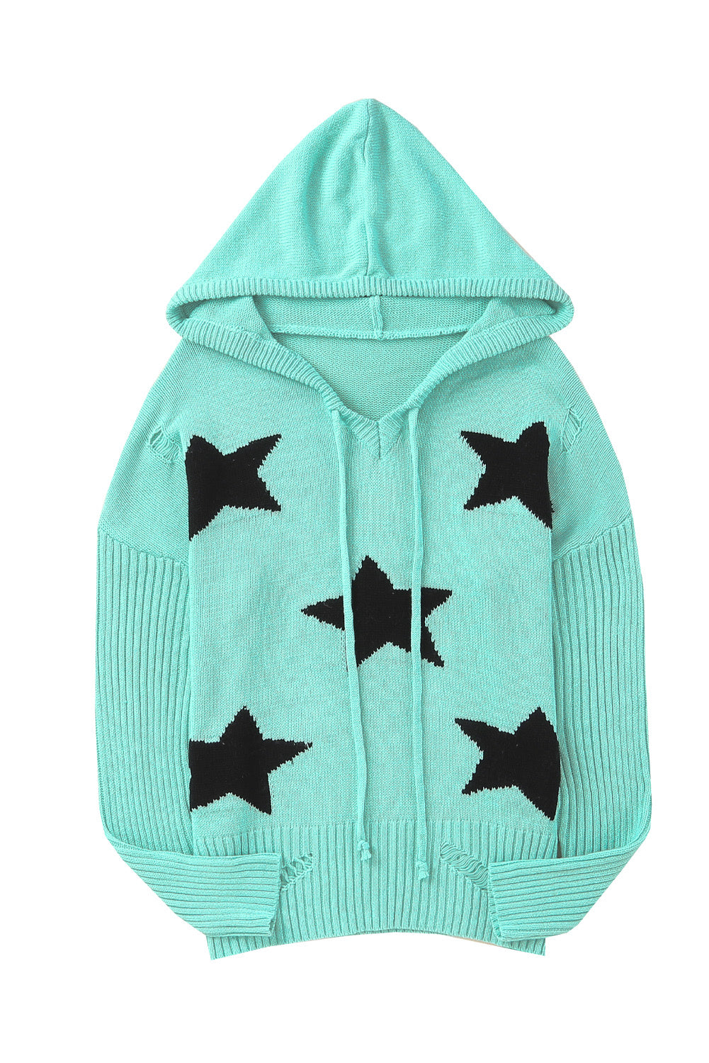 Green V Neck Star Pattern Hooded Sweater with Slits Sweaters & Cardigans JT's Designer Fashion