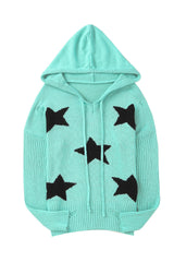 Green V Neck Star Pattern Hooded Sweater with Slits Sweaters & Cardigans JT's Designer Fashion