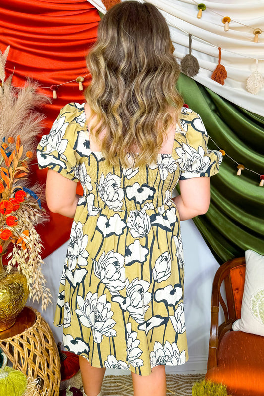 Green Plus Size Floral Print Shirred Square Neck Puff Sleeve Dress Plus Size Mini Dresses JT's Designer Fashion