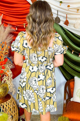 Green Plus Size Floral Print Shirred Square Neck Puff Sleeve Dress Plus Size Mini Dresses JT's Designer Fashion