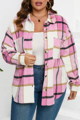 Pink Plaid Color Block Buttoned Long Sleeve Jacket with Pocket Pink-2 95%Polyester+5%Spandex Plaid Shackets JT's Designer Fashion