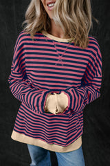 Red Stripe Oversized Contrast Trim Pullover Sweatshirt Sweatshirts & Hoodies JT's Designer Fashion