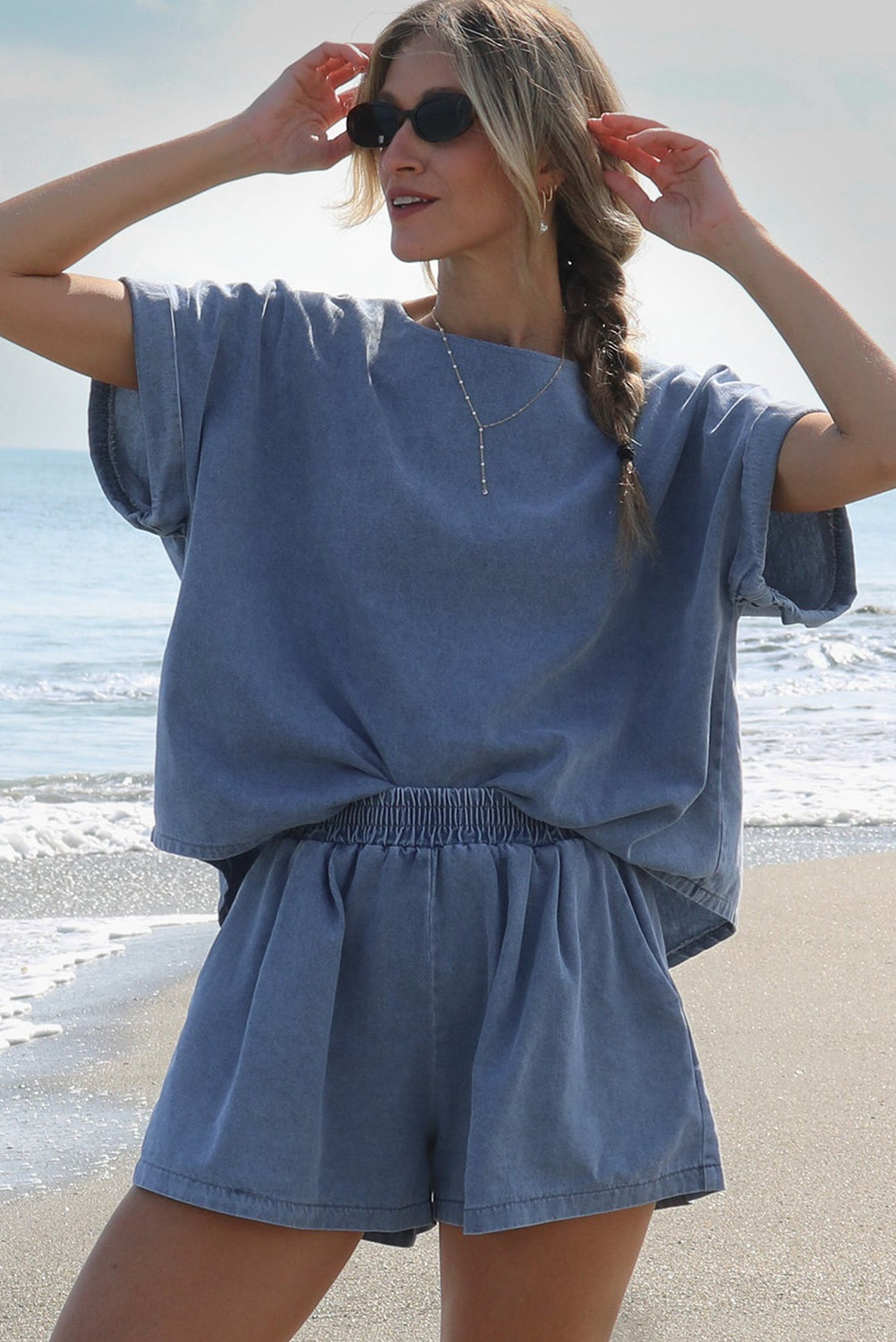 Light Blue Denim Cuffed Sleeve Tee Elastic Shorts Set Short Sets JT's Designer Fashion