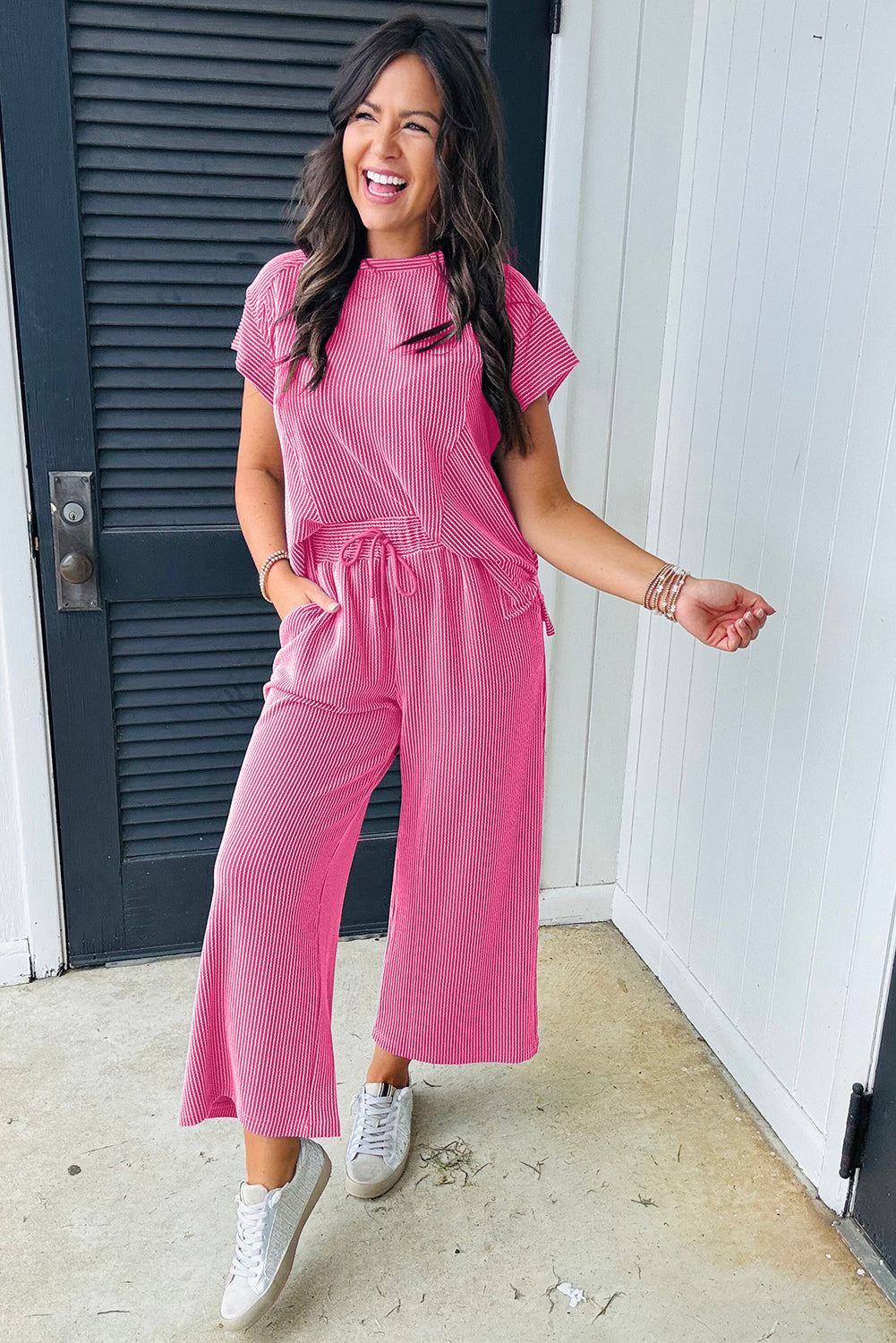Bright Pink Solid Corded Knit Short Sleeve T Shirt and Wide Leg Pants Set Pant Sets JT's Designer Fashion