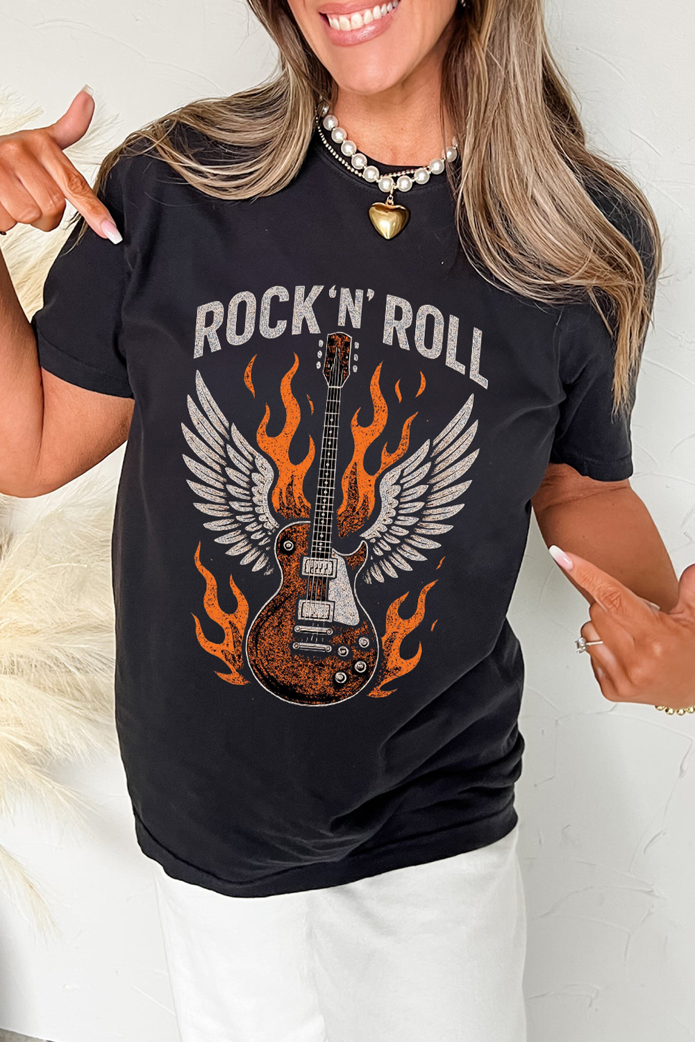 Black Guitar Wings Slogan Print Crew Neck T Shirt Graphic Tees JT's Designer Fashion