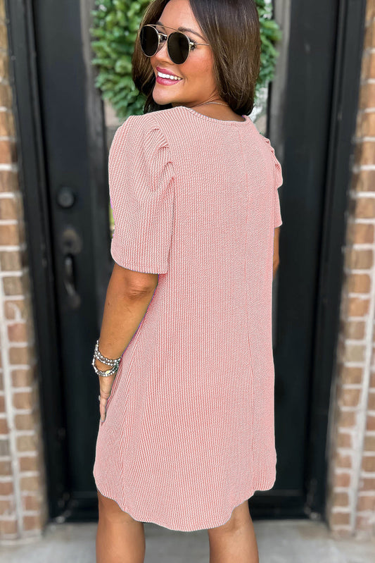 Blossom Corded Knit Crew Neck Puff Sleeve Shift Mini Dress T Shirt Dresses JT's Designer Fashion