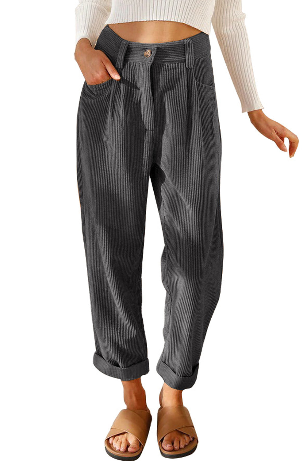 Gray Corduroy High Waist Straight Leg Pants Pants & Culotte JT's Designer Fashion